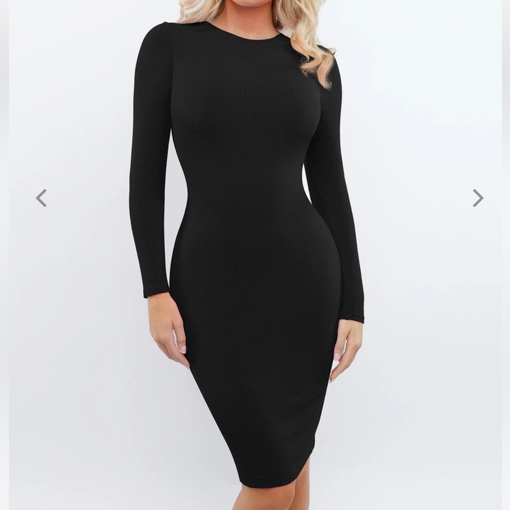Popilush Shapewear Modal Long Sleeve Crew Neck Slimming Midi Dress Black M Nwt